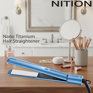 NITION Nano Titanium Hair Straightener 1 inch 3D Floating Heating Plate Smooth Straightening Flat Iron for All Hair Type. MCH 10s Fast Hating Up. Travel Pouch Bag. Dual Voltage. Luxury Gift Box