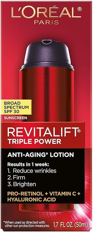 L'Oreal Paris Revitalift Triple Power Anti-Aging Broad Spectrum SPF 30 Sunscreen Pro Retinol Hyaluronic Acid &amp Vitamin C Lotion Reduces Wrinkles 1.7 Oz