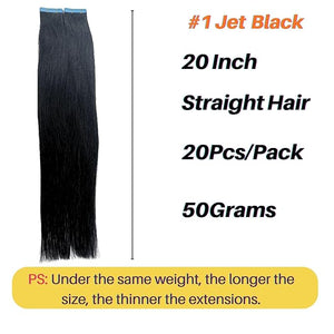 Jet Black Tape in Hair Extensions Human Hair Invisible Silky Fashion Remy Hair 20Inch Long Human Hair Tape in Extensions 20Pcs 50G for Women