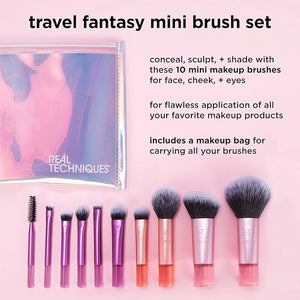 Real Techniques 11 Piece Travel Fantasy Mini Brush Set, Travel Size Makeup Brushes For Foundation Eyeshadow, Powder, Blush, Contour, &amp; Concealer, Makeup Bag Included, Gift Set, Cruelty-Free