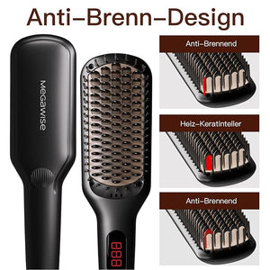 MEGAWISE Pro Ceramic Ionic Hair Straightener Brush for Home Salon Straightening Hair Brush with 20s Heating Tech Auto-Off Anti-Scald with Universal Dual VoltageRotatable Power Cord Black