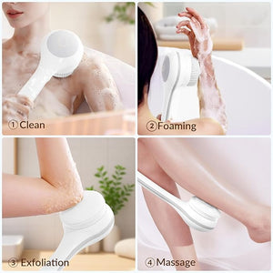 Electric Body Brush Back Scrubber for Shower, Waterproof Long Dual Handle Power Body Scrubber with 3 Heads, Rechargeable Bath Brush &amp; 2 Speeds, for Cleansing, Exfoliating and Massaging Skin