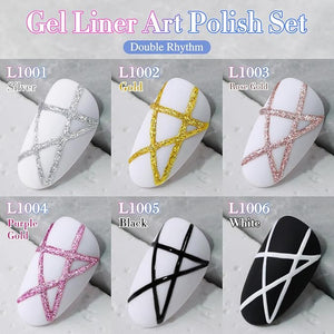 Double Rhythm 6 Pcs 15 ML Gel Liner Polish Nail Art Set Chrome Metallic Glitter Soak Off Gel Polish Kit Nail Art Manicure Salon DIY at Home for Women (Gold Silver Black White-T6-52)