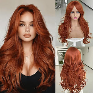 Auburn Wig with Bangs for Women Copper Red Wavy Layered Wig with Curtain Bangs for White Black Women Synthetic Long Reddish Brown Layered Body Wavy Wigs Heat Resistant Hair Wig for Daily Use Party
