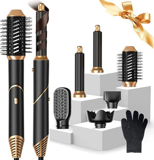 Hair Dryer Brush 6 in 1, Foldable Blow Dryer Brush with Wrap Curler, Detachable Air Hair Styler Curling, Drying,Volumizing, Straightening, Negative Ionic Hair Dryer with Diffuser, Hair Styling Tools