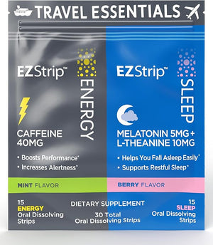 Travel Pack with Energy &amp Sleep Supplements - 30 Count - Portable Pack with Caffeine Strips for Energy and Melatonin Strips for Sleep Support During Travel - Made in USA Sugar &amp Gluten Free