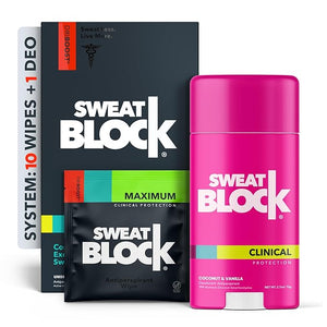 SweatBlock Maximum Strength Deodorant System for Women Hyperhidrosis Treatment for Excessive Underarm Sweat and Odor 10 Clinical Wipes Plus Coconut Vanilla Scented Deodorant Stick 2.7 oz
