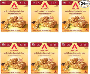 Atkins Soft Baked High Protein Bars Vanilla Macadamia Nut Flavor 15g Protein 4g Net Carbs 2g Sugar Keto Snacks Low Sugar Bars High Fiber Snacks 6 pack (4 bars each)
