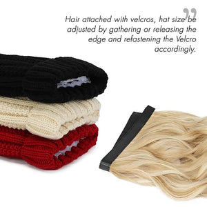 Women Winter Beanie Hat with Big Wavy Curly Hair Knit Attached ski snow Cap wig for Party Daily Weddings