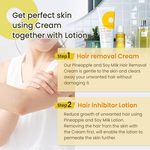 Hair Removal Cream (8.1 OZ / 230g) and Premium Hair Minimizing Lotion (3.52 FL. OZ / 100mL) with Pineapple and Soymilk for Sensitive Skin Made in Japan