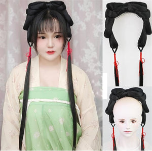 Chinese Ancient Wig Women Hanfu Wigs Headdress Photography Dance Accessory Wigs Black for Women Integrated Hair Bun High TEM (Color : Natural Color)