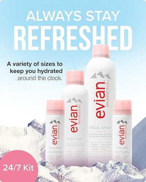 BRUMISATEUR Evian Facial Spray 24/7 Kit - Hydrating Mineral Water Mist for Face &amp; Skin - Refreshes Makeup, Sets, &amp; Tones - Travel-Friendly Sizes for Daily Moisture Boost