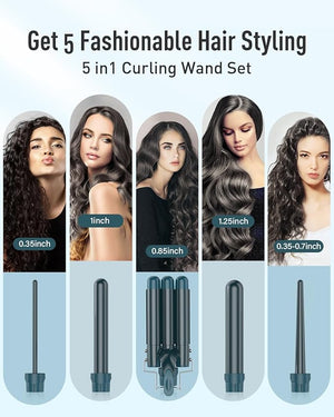 Waver Curling Iron Wand - BESTOPE PRO 5 in 1 Curling Wand Set with 3 Barrel Hair Crimper for Women Fast Heating Crimper Wand Curler in All Hair Type - Green