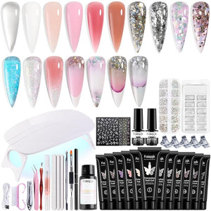 Poly Nail Gel Kit with UV Light, 12 Colors Clear Nude Pink Iridescent Glitter Extension Gel Builder Gel Starter Kit Base Top Coat Set Slip Solution Nail Gel Kit for Beginners with Everything