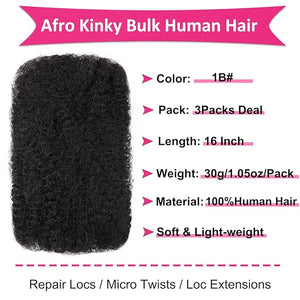 Unionbeauty 3 Packs Afro Kinky Bulk Human Hair for Micro Twists Dreadlock Extensions &amp Braids - 16 Inch 1B#