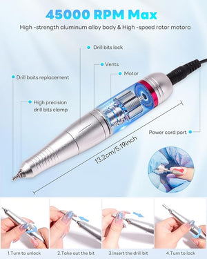 CozyZen Electric Nail Drill Professional: 45000 RPM Nail File Kit Machine with LCD Display Hand &amp Foot Control Low Noise for Acrylic Gel Nails Manicure &amp Pedicure - Salon &amp Home Use (Wh