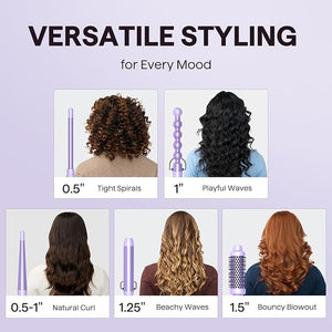 Wavytalk 5 in 1 Curling Iron,Curling Wand Set with Curling Brush and 4 Interchangeable Ceramic Curling Wand(0.5¡±-1.25¡±),Instant Heat Up,Include Heat Protective Glove &amp; 2 Clips (Purple)