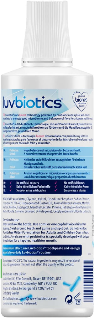 Luv Biotics Fluoride Free Mouthwash with Oral Probiotics Xylitol &amp Aloe Vera -3 x 500ml