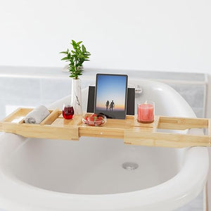 ToiletTree Products Bamboo Bathtub Caddy with Extending Sides and Adjustable Book Holder (Deluxe)