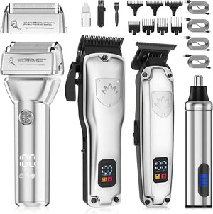 Hair Clippers for Men,4 in 1 Professional Hair Clippers T-Blade Trimmer Electric Foil Shaver Nose Hair Trimmer Set,Cordless Barber Hair Cutting Men¡¯s Grooming Kit LCD Display Gifts (Silver)