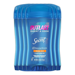 Secret Outlast Antiperspirant Deodorant for Women 72hr Sweat &amp Odor Protection Ph Balancing Minerals Clear Gel Hygienic Fresh Scent 2.6 oz (Pack of 6)