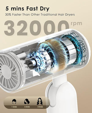 Travel Hair Dryer Dual Voltage with Auto-Sensing 1B Plasma Particles 200times/s Temp Control Portable Blow Dryer with Single-Sided Comb White