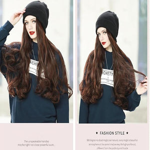 Women Winter Beanie Hat wig Knit with Long Straight/wig Wavy Curly Hair Wig Attached 23.6 Inch Synthetic Hairpiece