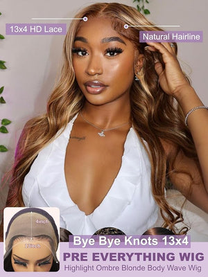 YIROO Pre Everything Wig Honey Blonde 13X4 Pre Cut Lace Front Glueless Human Hair Wigs Body Wave Brown Blonde Highlight Ombre Pre Bleached Invisible Bye Bye Knots Wig Pre Plucked 150% Density 22Inch