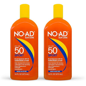 NO-AD SPF 50 SPORT Sunscreen Lotion | Hypoallergenic | Broad Spectrum UVA/UVB Protection | Water Resistant | Octinoxate &amp Oxybenzone Free with moisturizing Vitamin E and Aloe 16oz | Pack of 2