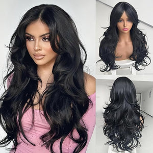 Black Wavy Wigs for Women Long Layered Wig with Curtain Bangs Long Black Layered Synthetic Wavy Body Wave Haircut Middle Part Natural Looking Hair for Women Daily Party Use 1B 24Inch