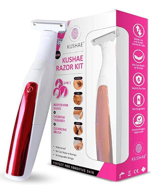 Kushae 3-in-1 Razor Kit for Women - Female Shaving Razor - Eyebrow Trimming Tool - Waterproof Cleansing Device - Rechargeable Hair Removal Trimmer for Legs Bikini Underarms Face &amp Hands