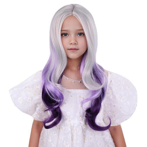 Silver Gray Ombre Purple Wig for Child Girls Long Grey Ombre Purple Middle Part Wig Kids Silver Gray to Wavy Curly Wigs Heat Resistant Synthetic Wigs with Cap