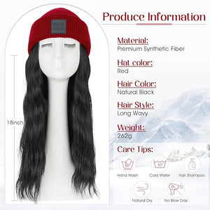 S-noilite Beanie Wig with Hair18 Inch Long Wavy Hair Extensions with Red Knitted Hat Hairpieces for Women Winter Natural Black