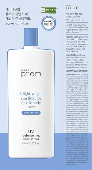 MAKEPREM Defense Me Daily Vegan Sun Fluid Non-greasy Calming Hydrating SPF 50+PA++++ Sunblock Reef-safe UV Broad Protection Sunscreen Blue Ray Sensitive Acne-Prone Oily Skin Face Body Korean Skincare