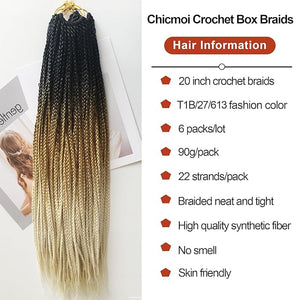Ombre Blonde Box Braid Crochet Hair 1B/27/613 20 Inch Pre Looped Crochet Braids Knotless Small Size Crochet Box Braids Pre-looped Crochet Hair for Black Women (T1B/27/613 20 inch box braids 6 packs)