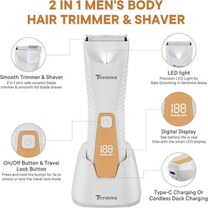 Pubic &amp; Body Hair Trimmer for Men, 2 In 1 Electric Ball Groin Razor Shaver with Ceramic Blade, No Nick Mens Grooming Kits for Wet/Dry Use, Cordless Charging Body Groomer with Led Display,White