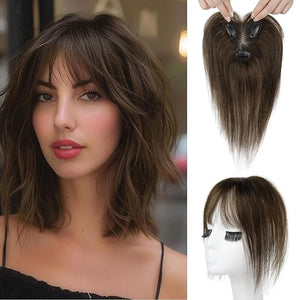 REECHO Hair Toppers for Women Real Human Hair Seamless Human Hair Toppers with Bangs 360¡Æ 3D Cover Clip in Bangs Hair Extensions for Daily Wear Chocolate Brown