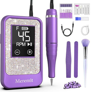 Professional Nail Drill Cordless 45000 RPM, Meremit Electric Nail File with Diamond Decoration, 12Pcs Drill Bits, Large LCD Screen, Rechargeable Electric Nail Machine Drill for Acrylic Gel Nail Polish
