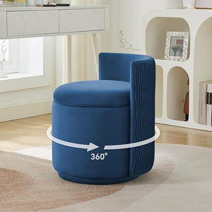 Velvet Vanity Chair with Storage 360¡Æ Swivel Makeup Chair with Wave Back No Assembly Small Accent Stool for Bedroom Dressing Living Room Blue