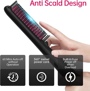 Prizm Hair Straightener Brush 2-in-1 Double Negative Ion Hot Comb for Smooth 30s Fast Heating for Smooth Frizz-Free Shine Hair Anti Scald Temp Lock LCD Display Portable for Home &amp Travel