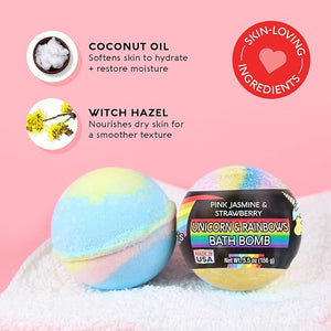 Nature's Beauty Unicorns &amp Rainbows Pink Jasmine &amp Strawberry Scent Bath Bomb for Kids Multi-Pack - Natural Non-Staining Fun Bubbly Fizzy Spa Bomb Made w/Coconut Oil + Witch Hazel 5.5oz (