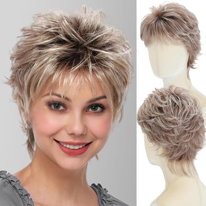 WIGYY Short Pixie Wig for White Women ? Curly Deep Brown Melt Blonde Synthetic Wig with Bangs, Glueless Lightweight Wig, Heat?Resistant Hair for Older Women Daily Wear
