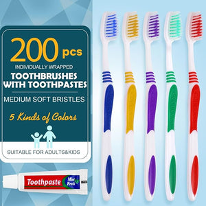 Navona 200 PCS Disposable Toothbrush with Toothpaste Bulk Travel Toothpaste Bulk Toothpastes Individually Wrapped Bulk Toothbrush Ergonomics HandleMedium Soft Bristle Perfect for Travel Hotel