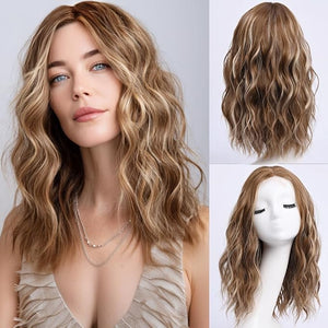 Medium Length Light Brown with Hightlight Wavy Wigs for Women 18 Inch Middle Part Wavy Brown Wig Natural Looking Synthetic Heat Resistant Fiber Wig for Daily Party Halloween (18 inch)