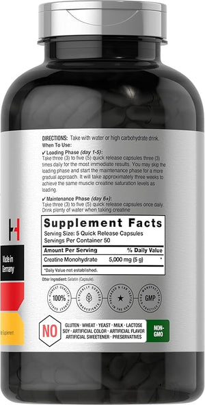 Horbaach German Creatine Monohydrate | 5000mg | 250 Powder Capsules | Non-GMO &amp Gluten Free Supplement