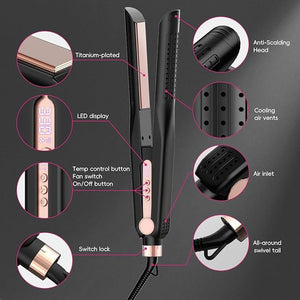 SKIMI Airflow Styler, Titanium Flat Iron Hair Straightener, Professional Curling Iron with Cooling Air Vents to Lock in Style, 5 Temps &amp; Dual Voltage, Auto Off (Black &amp; Blush Gold).