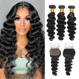 Loose Deep Wave Brazilian Virgin Hair Bundles With Closure - Wet and Wavy Human Hair With 44 Free Part Closure - Loose Deep Curly Bundles 20 22 24+18 Inch
