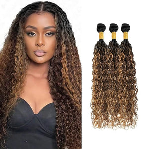 P427 Human Hair Bundles Ombre Highlight Bundle #4 Water Wave Human Hair 3 Bundles 16 18 20 inch Brown and Honey Blonde Color