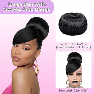 Extra Large Hair Bun and Bang Set 2pcs, Black Bun N Bang Clip in Updo Hair Bride Chignon with Swoop Side Bangs Ponytail Hairpiece for Black Women Wedding Party
