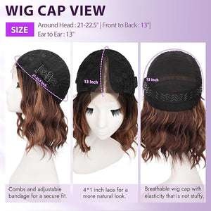 Brown Highlight Short Wavy Wig for Women Lace Hairline Bob Style Synthetic Heat Resistant - Natural Appearance for Everyday Hairstyle 12 Inch